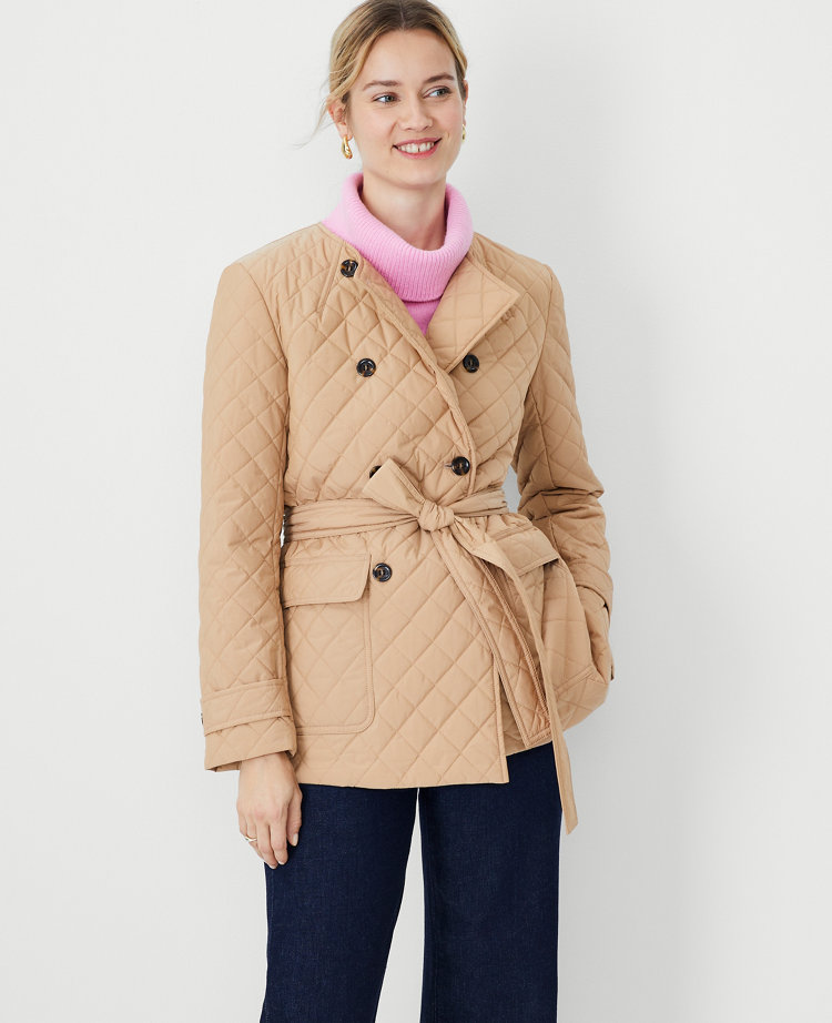 Ann Taylor Petite Quilted Belted Double Breasted Jacket Cafe au Lait Women's