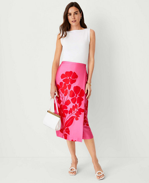 Ann Taylor Floral Wrap Column Midi Skirt