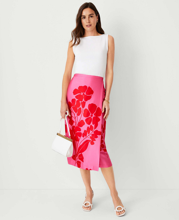 Ann Taylor Floral Wrap Column Midi Skirt