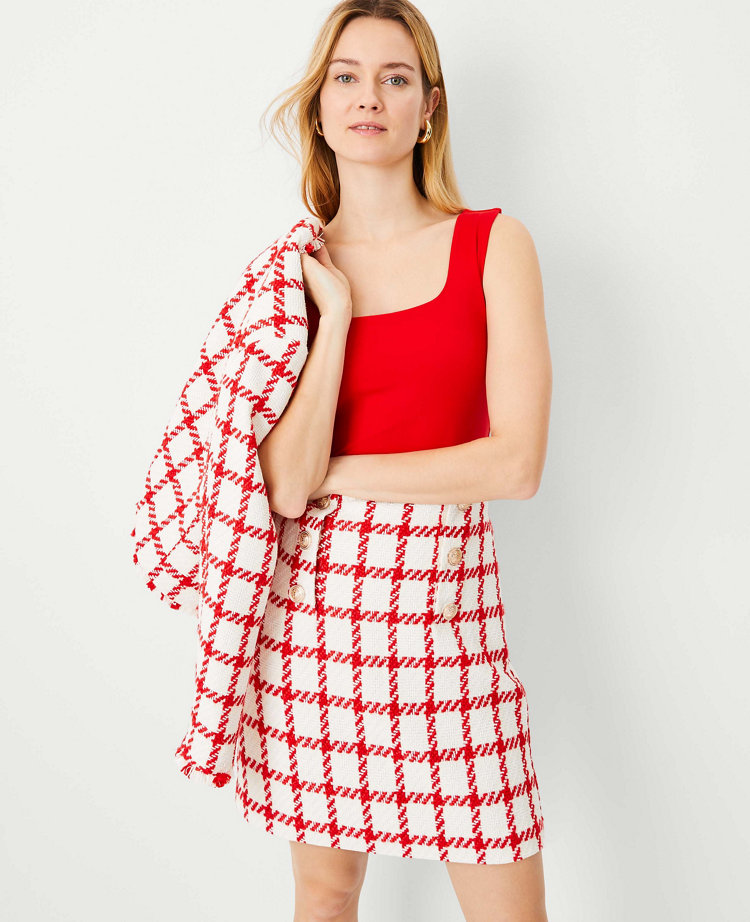 Plaid Tweed Button A-Line Skirt