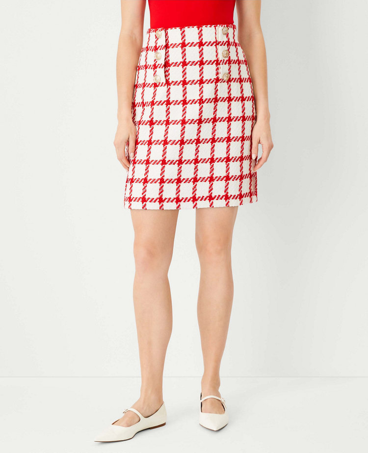 Plaid Tweed Button A-Line Skirt - Red/White Multi