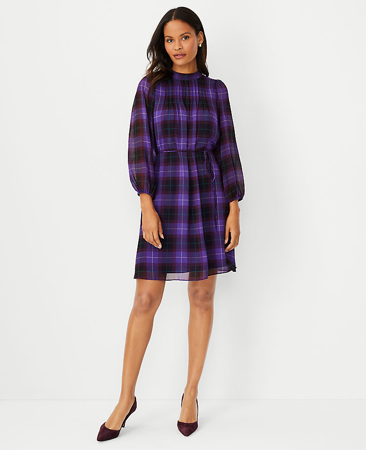 Plaid Pintucked Belted Dress