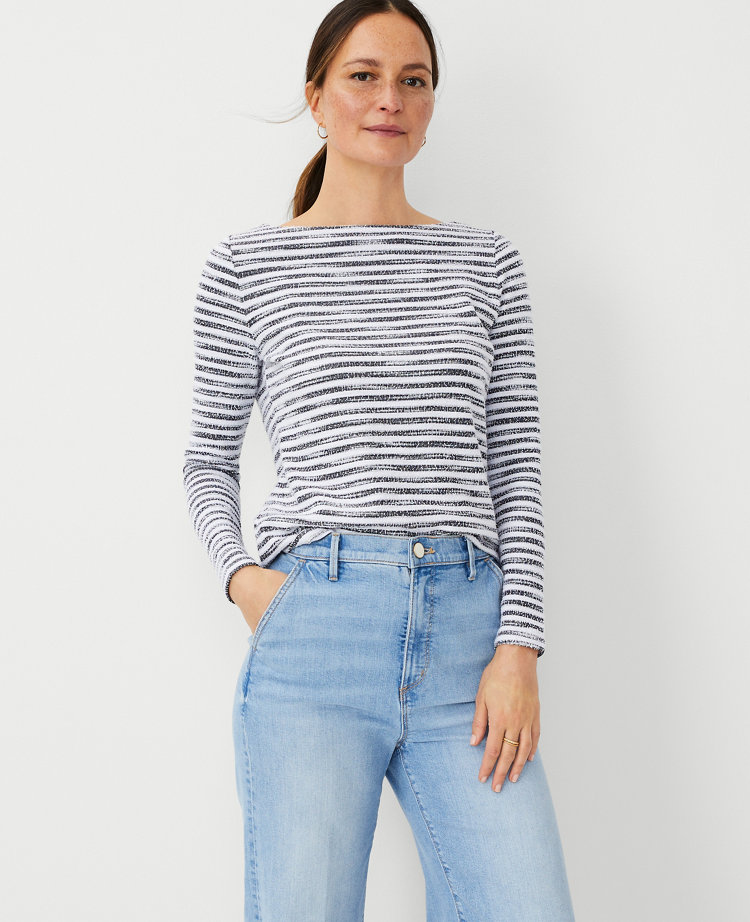 Ann Taylor Tweed Stripe Boatneck Top Women's