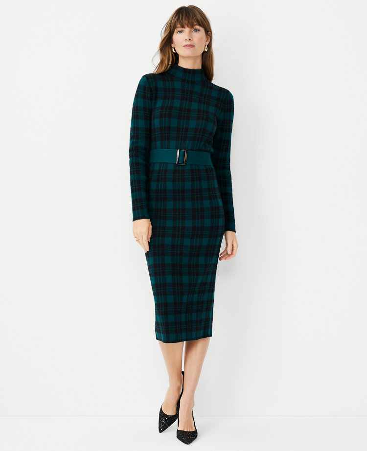 Petite Plaid Jacquard Belted Sweater Dress