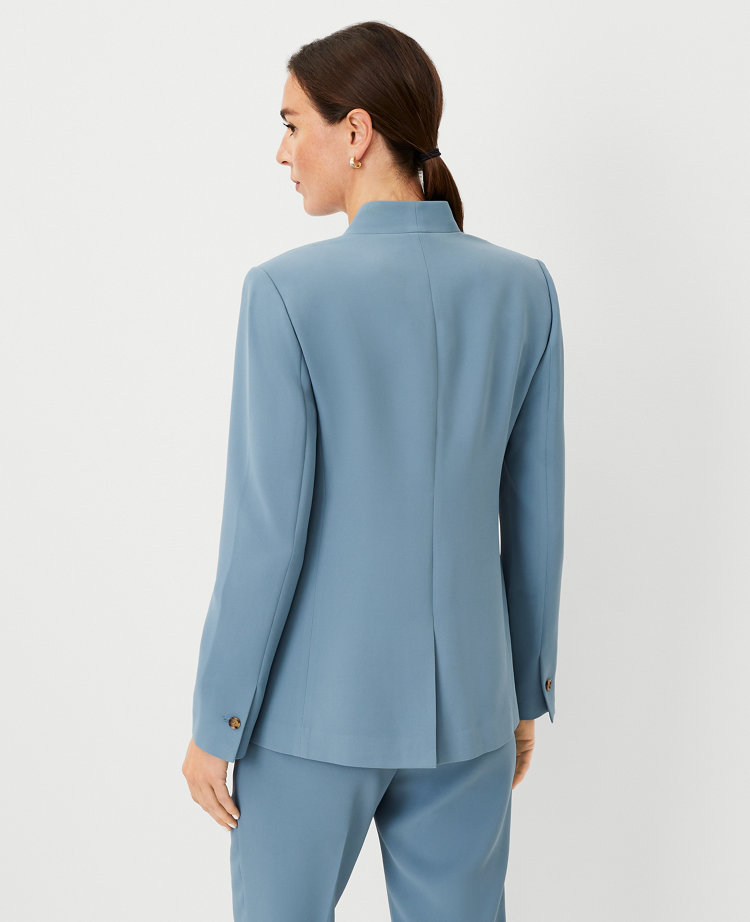 The Petite Long Fitted Notched One Button Blazer in Fluid Crepe