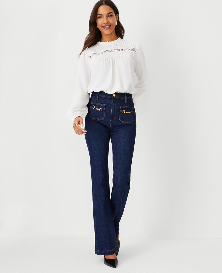 Petite High Rise Horsebit Pocket Flare Jeans in Bright Medium Stone Wash