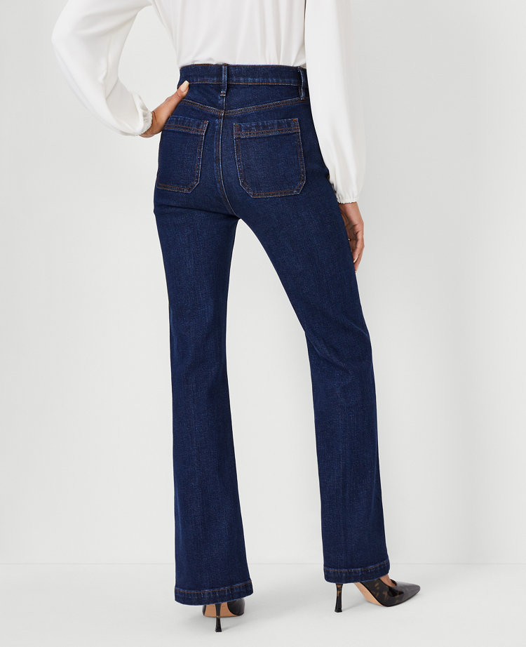 Petite High Rise Horsebit Pocket Flare Jeans in Bright Medium Stone Wash