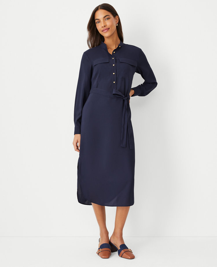 Stand Collar Belted Pocket Shirtdress