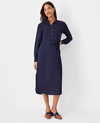 Ann Taylor Stand Collar Belted Pocket Shirtdress In Night Sky