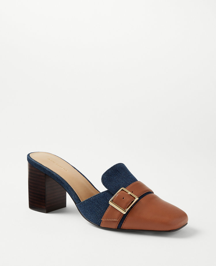 Denim Buckle Block Heel Mule Pumps