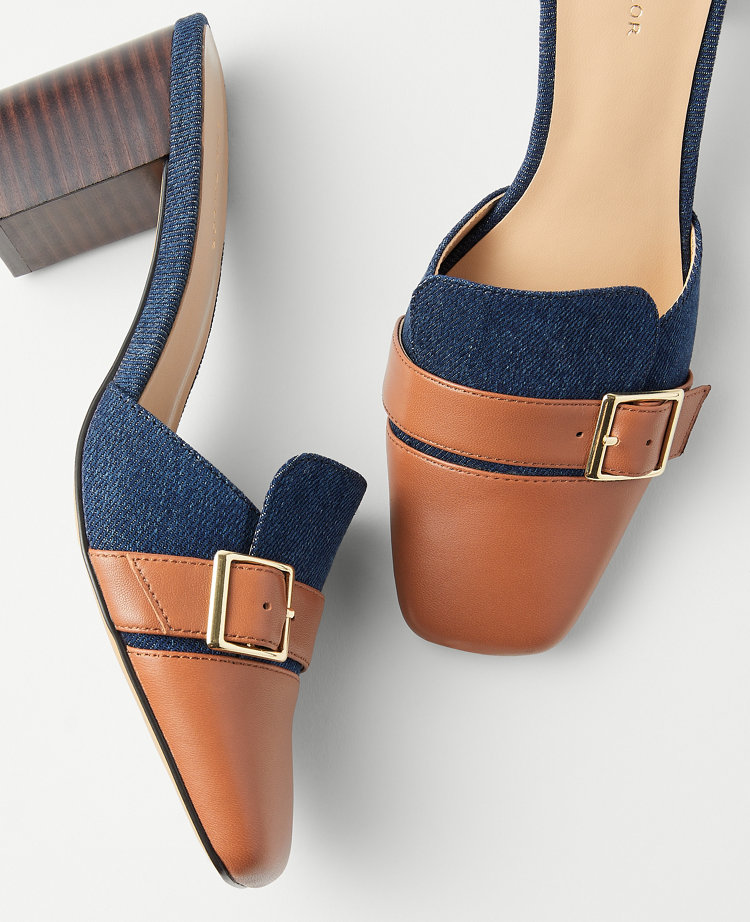 Denim Buckle Block Heel Mule Pumps