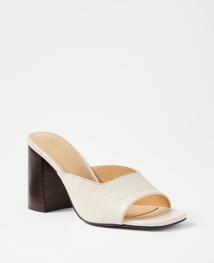 Embossed Leather High Block Heel Mule Sandals