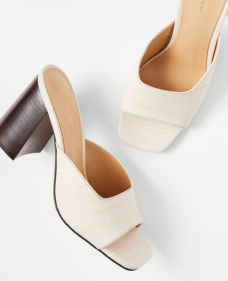 Embossed Leather High Block Heel Mule Sandals