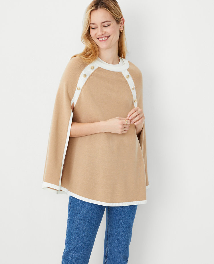 Colorblock Button Neck Poncho