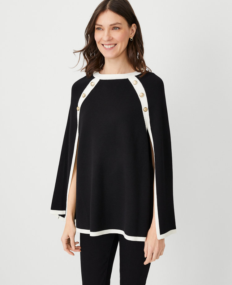 Colorblock Button Neck Poncho