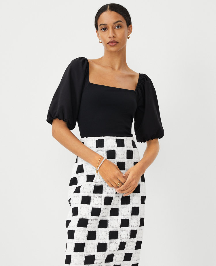 Mixed Media Square Neck Puff Sleeve Top