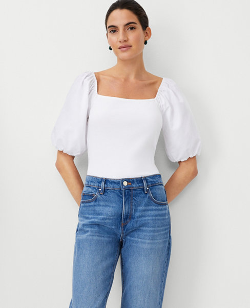Mixed Media Square Neck Puff Sleeve Top