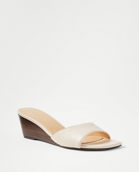 Ann Taylor Leather Low Wedge Sandals In Pearl Shadow
