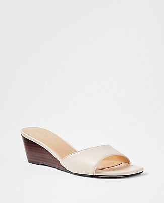 Ann Taylor Leather Low Wedge Sandals In Pearl Shadow