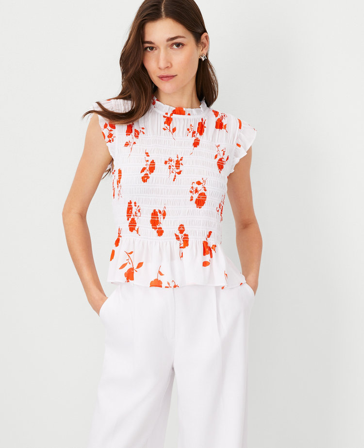 Ann Taylor Floral Smocked Ruffled Top