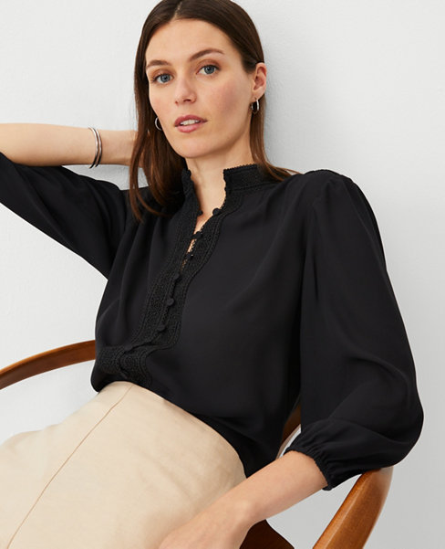 Ann Taylor Embroidered Placket Mock Neck Top