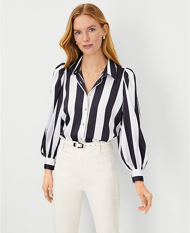 Stripe Collared Puff Sleeve Shirt