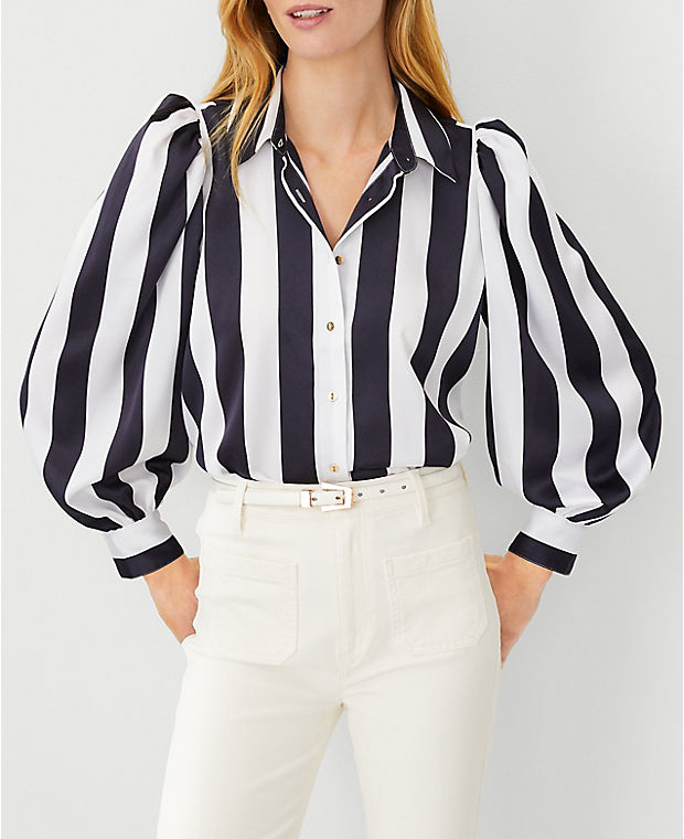 Stripe Collared Puff Sleeve Shirt
