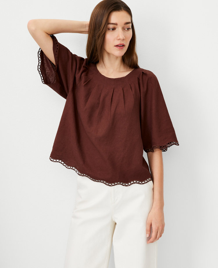 Linen Blend Pleat Neck Blouse