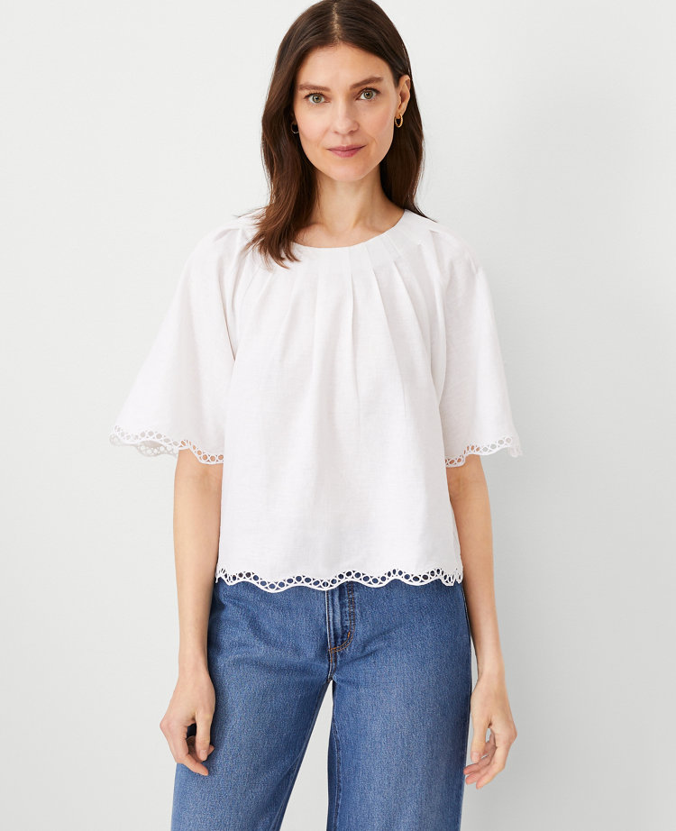 Linen Blend Pleat Neck Blouse