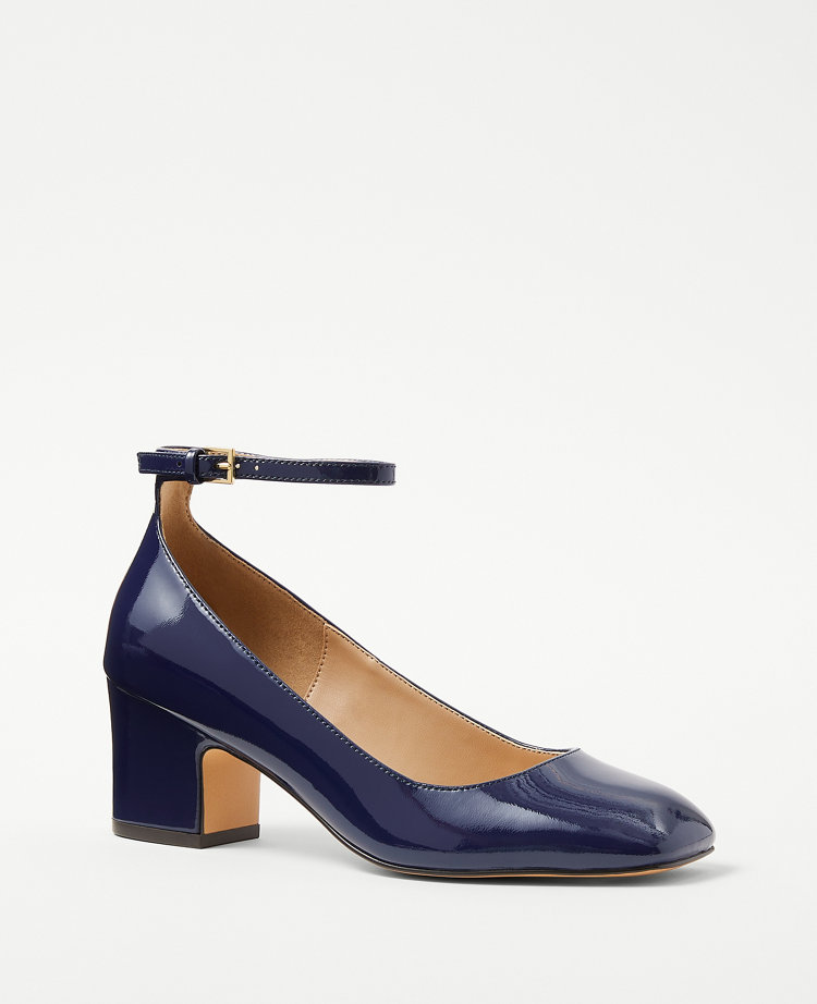 Patent Ankle Strap Block Heel Pumps