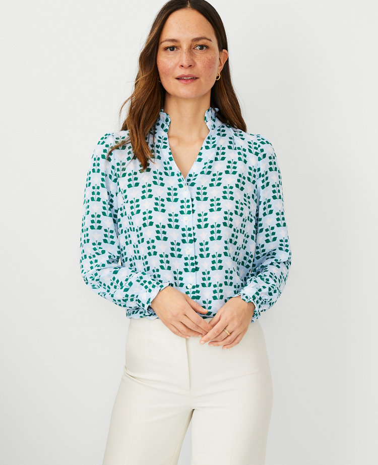 Floral Tile Ruffle Button Top