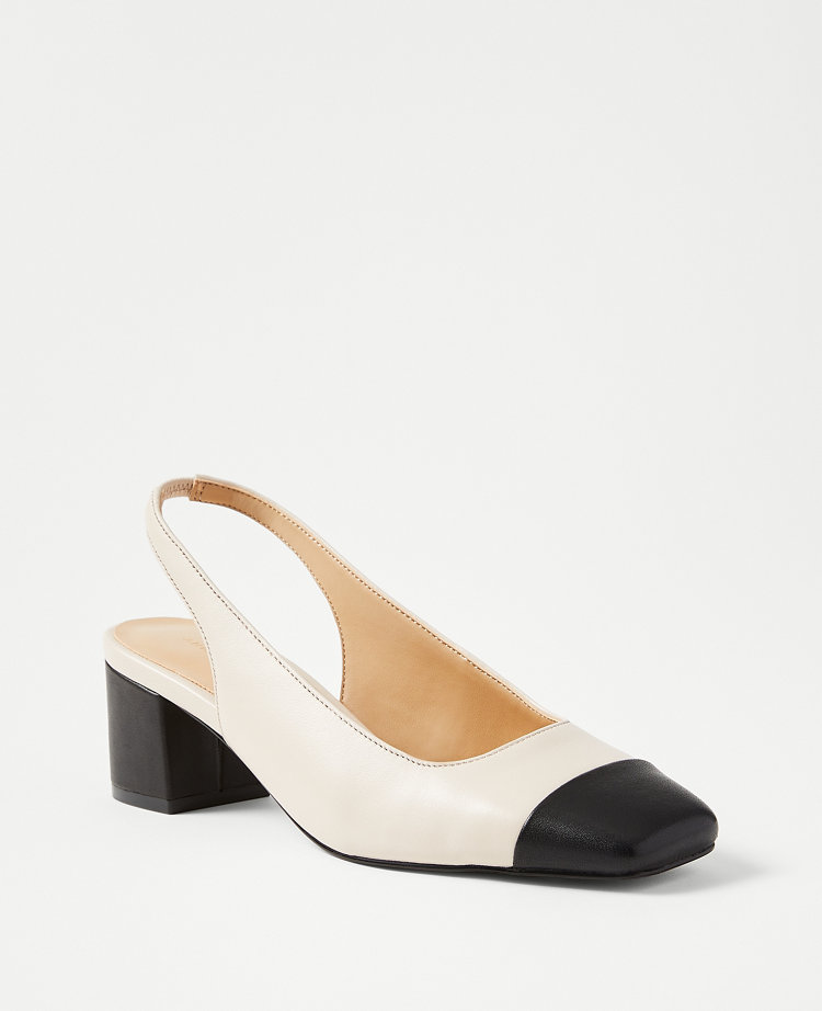 Ann Taylor Leather Cap Toe Block Heel Pumps In Pearl Shadow