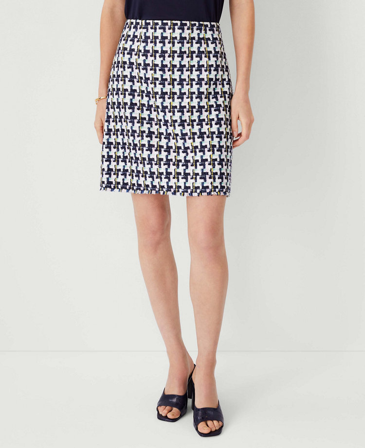 Houndstooth Tweed Fringe A-Line Skirt