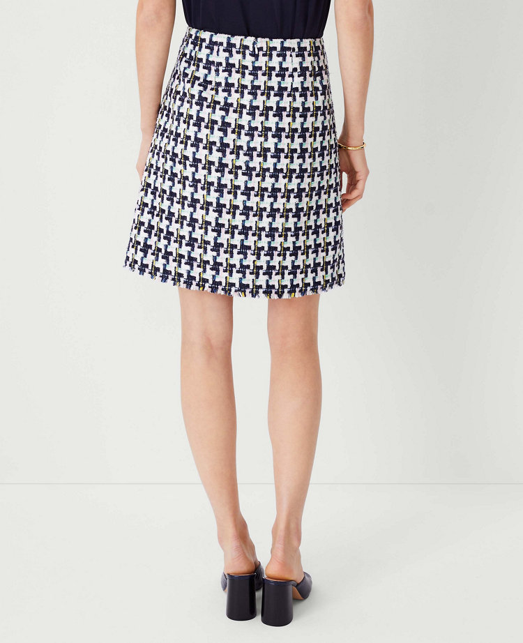 Ann Taylor Houndstooth Tweed Fringe A-Line Skirt Blue/Ivory Multi Women's