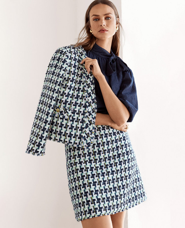 Houndstooth Tweed Fringe A-Line Skirt