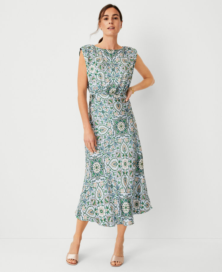 Ann Taylor Studio Collection Floral Silk Boatneck Flare Dress