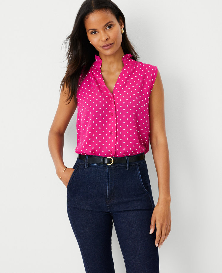 Dotted Ruffle Button Sleeveless Top