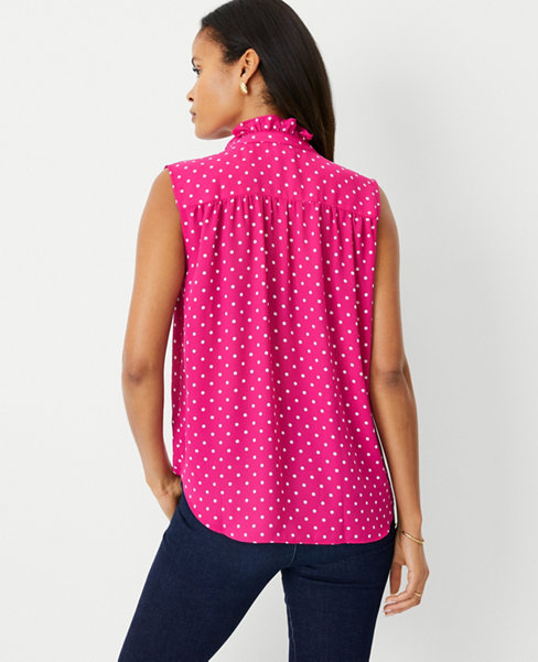 Dotted Ruffle Button Sleeveless Top