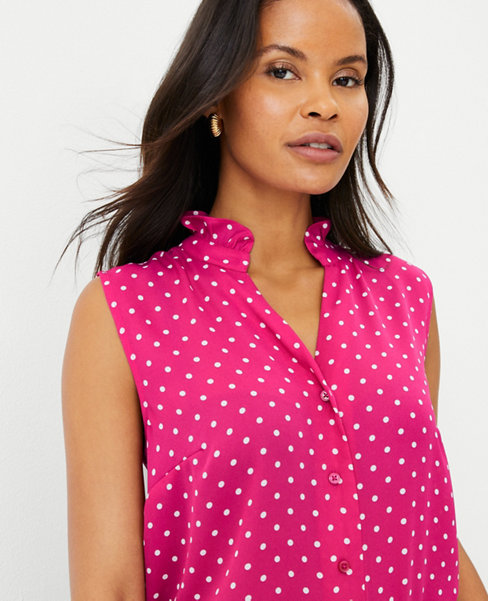 Dotted Ruffle Button Sleeveless Top