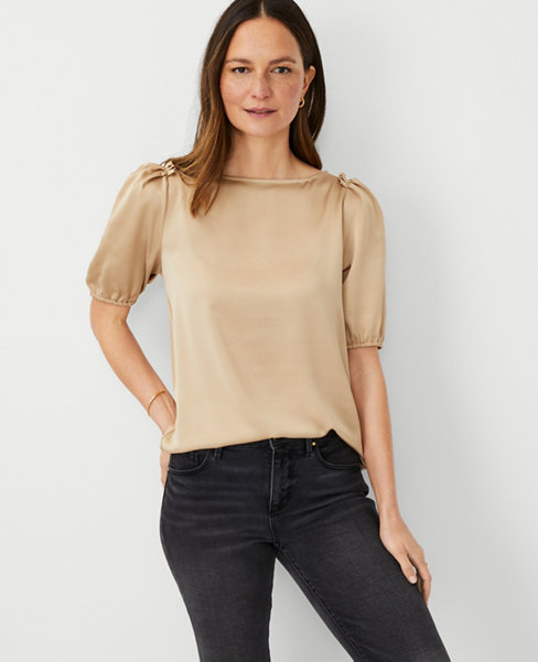 Petite Shimmer Mixed Media Puff Sleeve Top