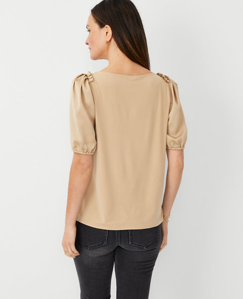 Petite Shimmer Mixed Media Puff Sleeve Top