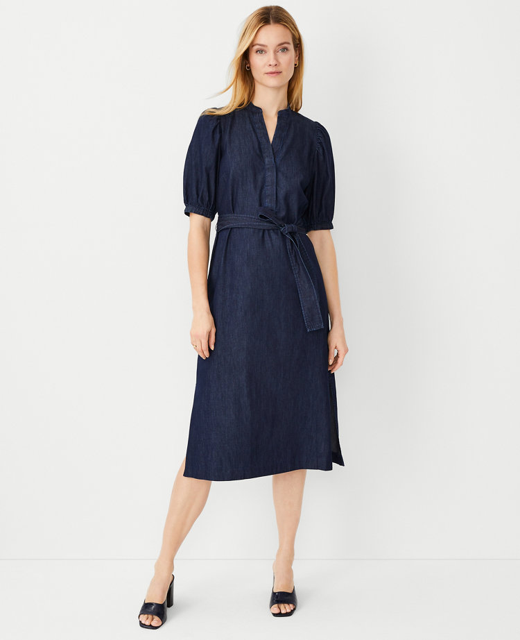 Chambray Puff Sleeve Belted Shirtdress