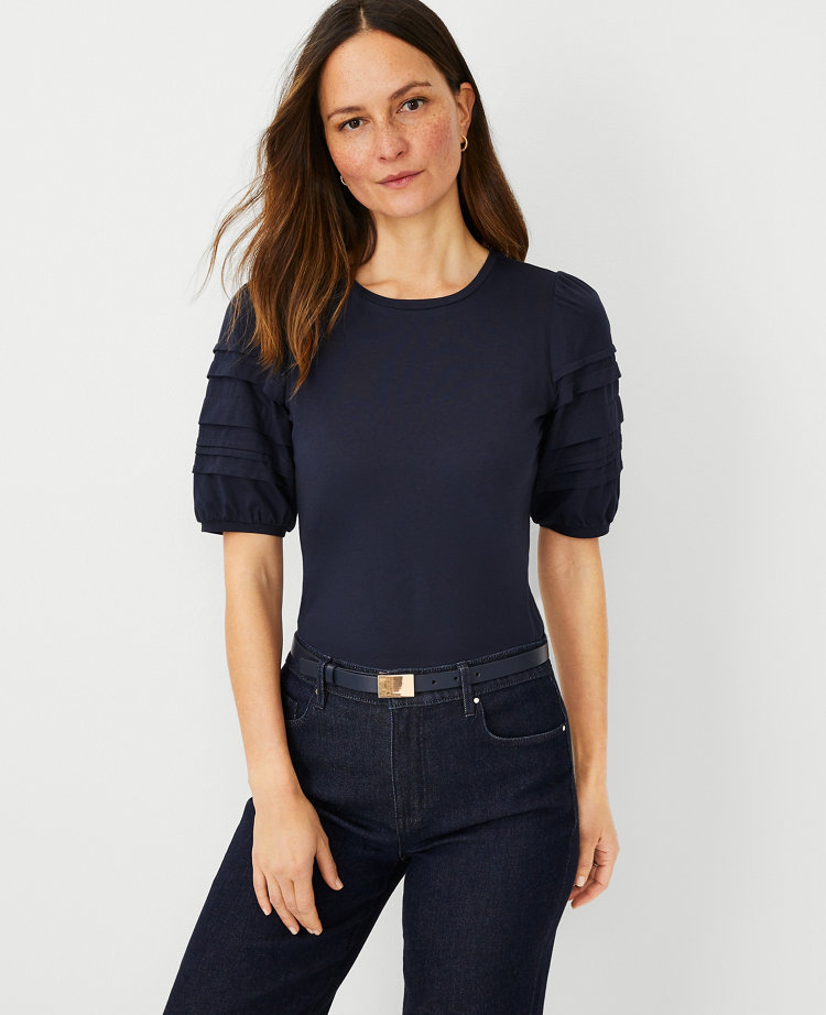 Petite Pima Cotton Pleated Puff Sleeve Top