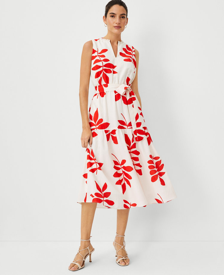 Leaf Split Neck Flare Midi Dress