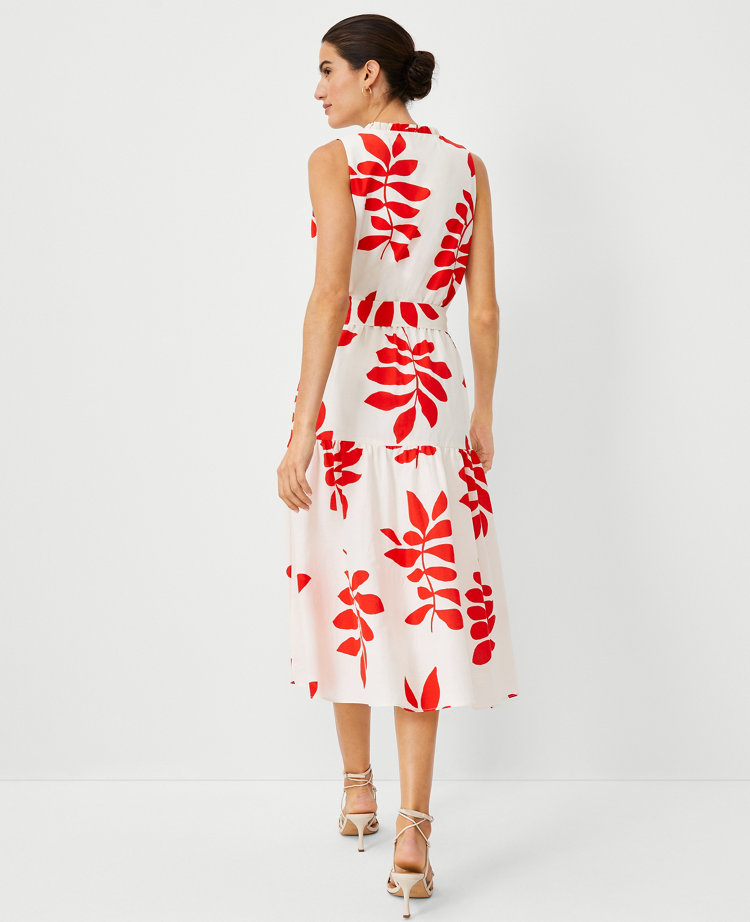 Leaf Split Neck Flare Midi Dress