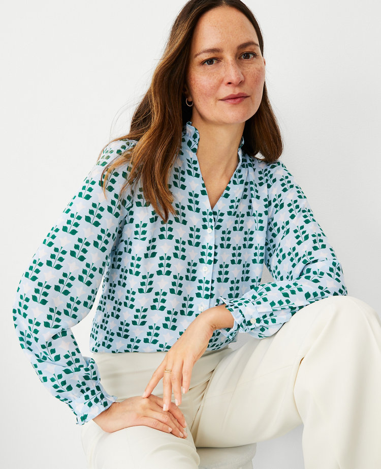Petite Floral Tile Ruffle Button Top