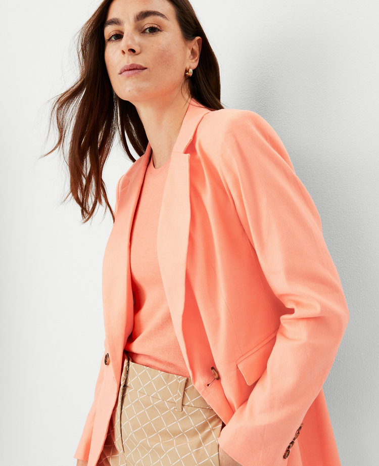 Petite Longer Tailored Double Breasted Blazer in Linen Blend