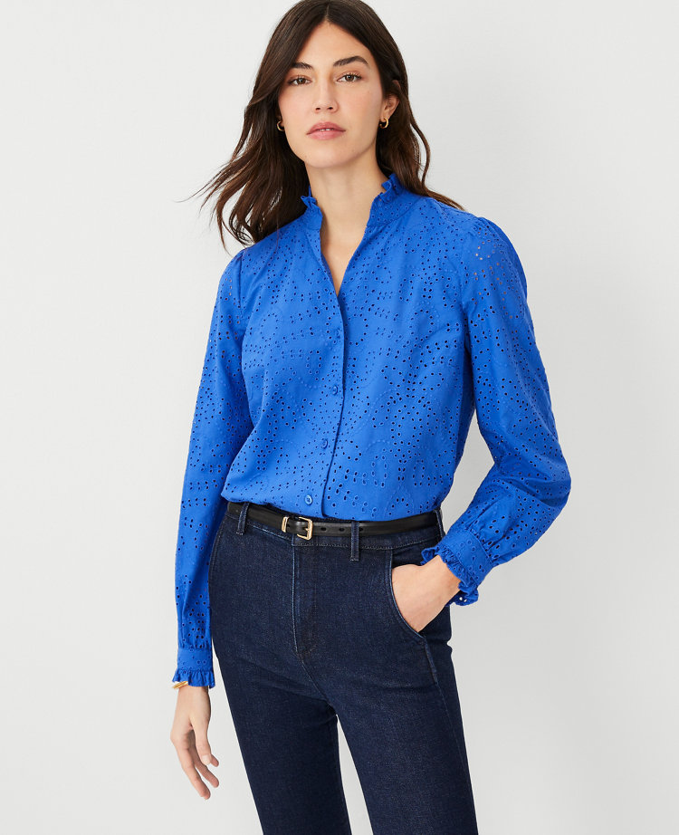 Ann Taylor Eyelet Ruffle Button Top