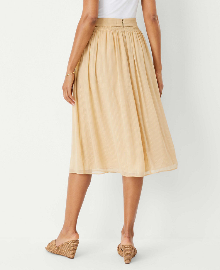 Metallic Dobby Stripe Shirred Waist Midi Skirt