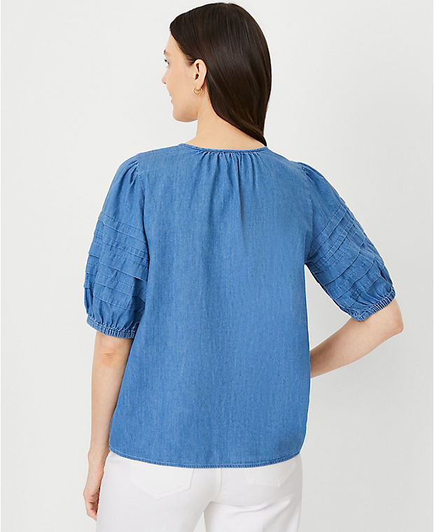 Chambray Pleated Puff Sleeve Blouse